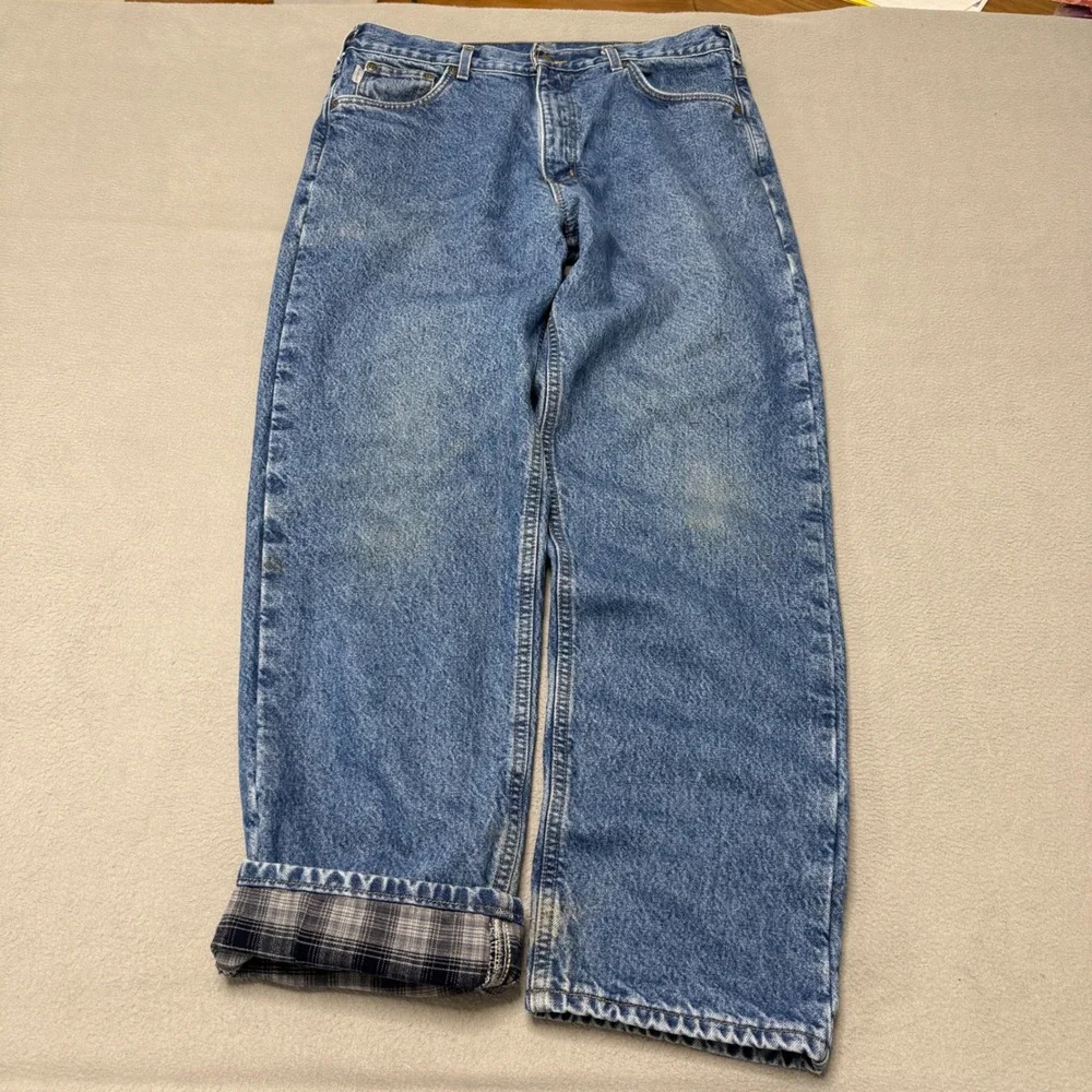 Carhartt Jeans Mens 36x32 Blue Flannel Lined Relaxed Straight Leg Denim B172 DST